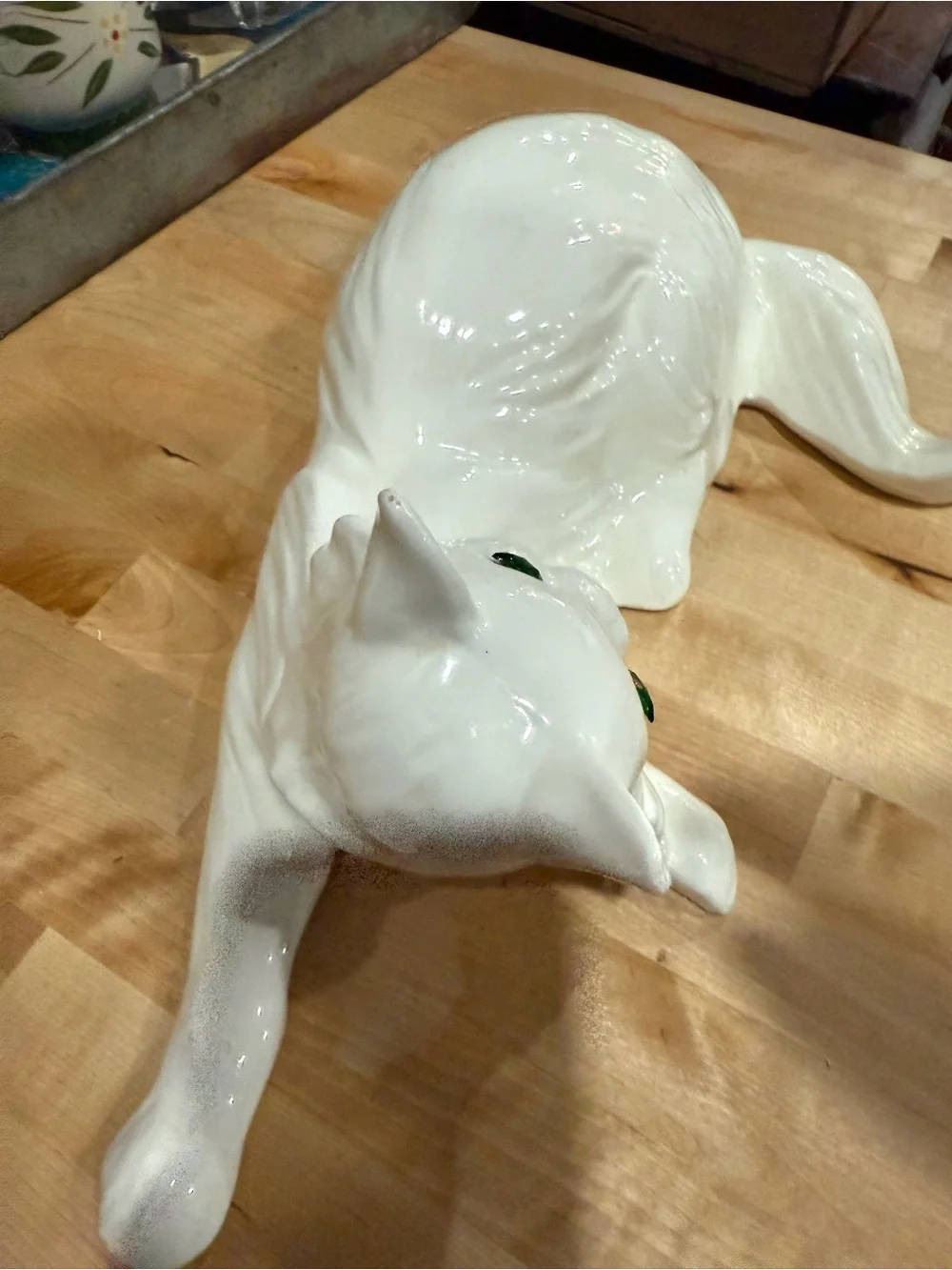 White Ceramic Cat Figurine Green Eyes - Decorative Pet Sculpture large vintage